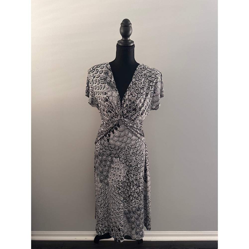 Dressbarn Womens Black White Paisley V-Neck Twist Front Midi Dress Size 10